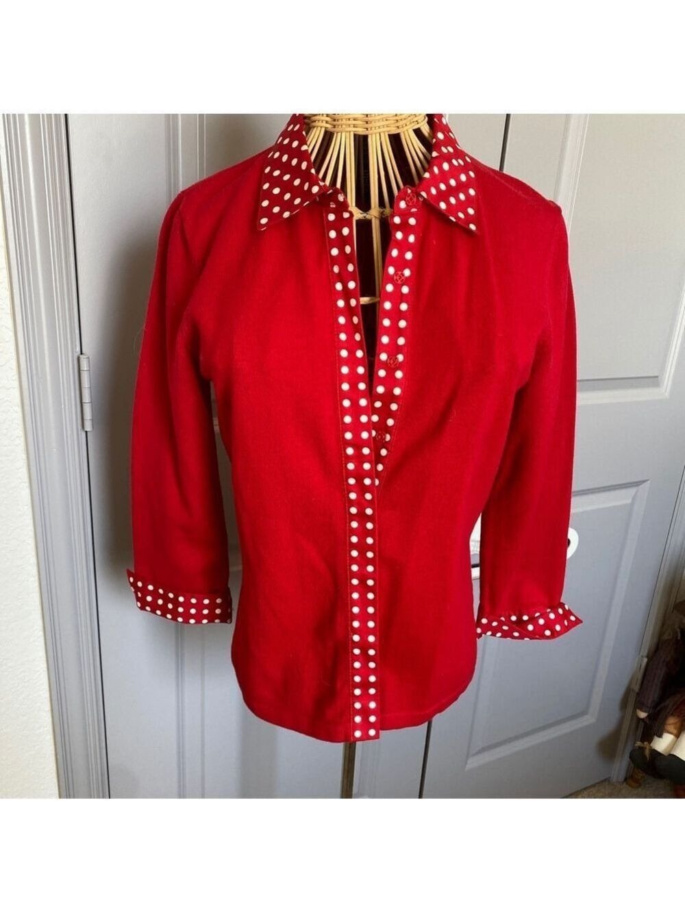 Women's Jones New York Signature Red Polka Dot Cardigan Size P/P #0014